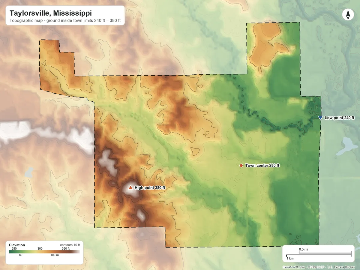Topographic elevation map of Taylorsville, Mississippi, shaded from 240 ft on the northeast side to 380 ft on the west side