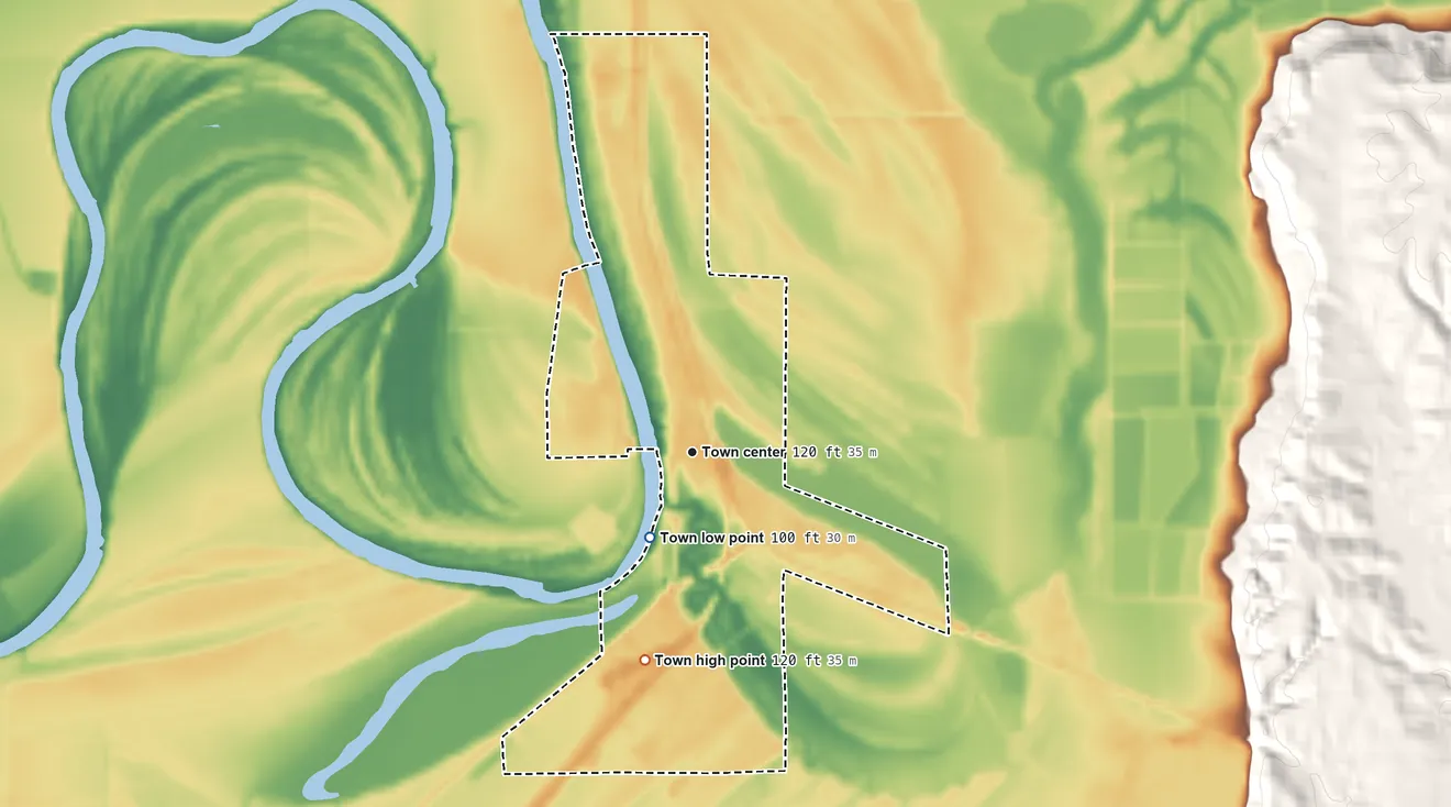 Topographic elevation map of Tchula, Mississippi, shaded from 100 ft on the southwest side to 120 ft on the south side