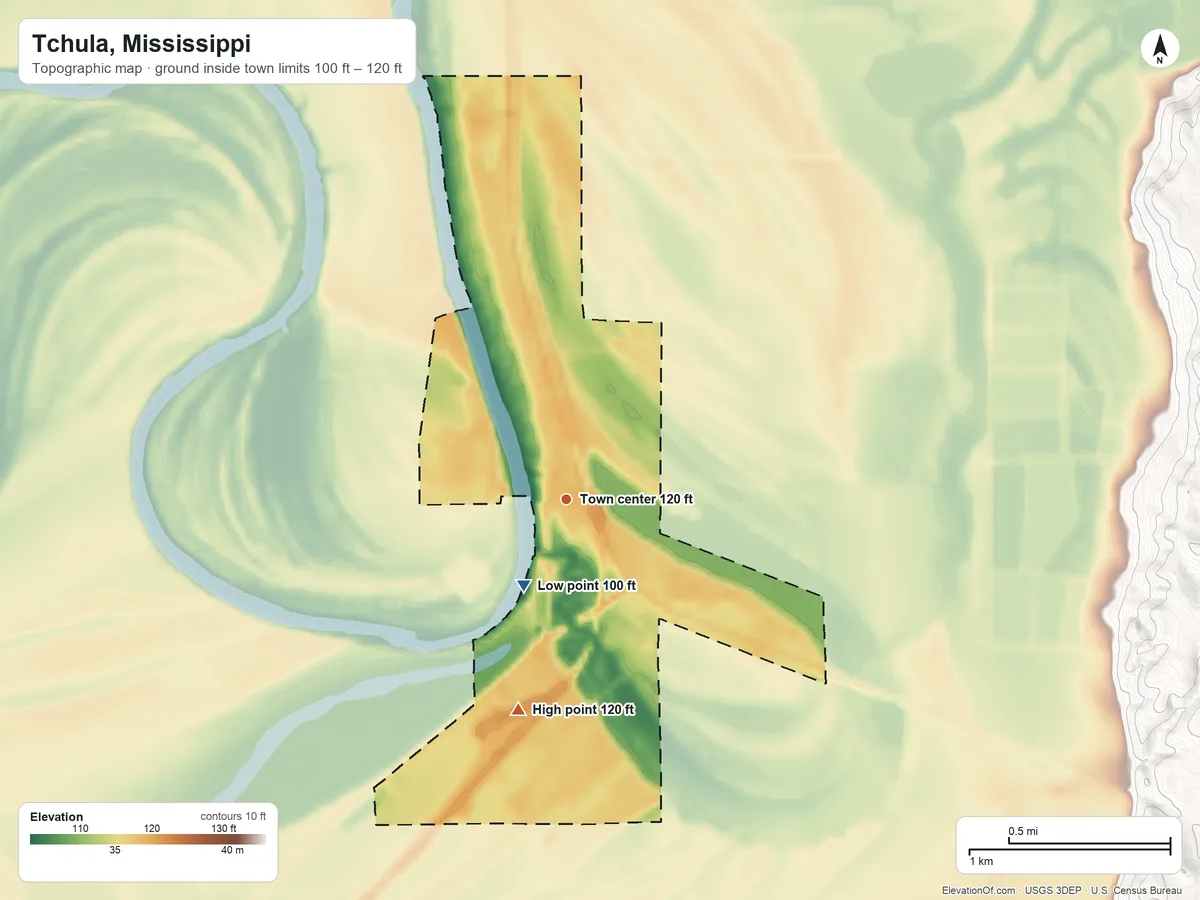 Topographic elevation map of Tchula, Mississippi, shaded from 100 ft on the southwest side to 120 ft on the south side