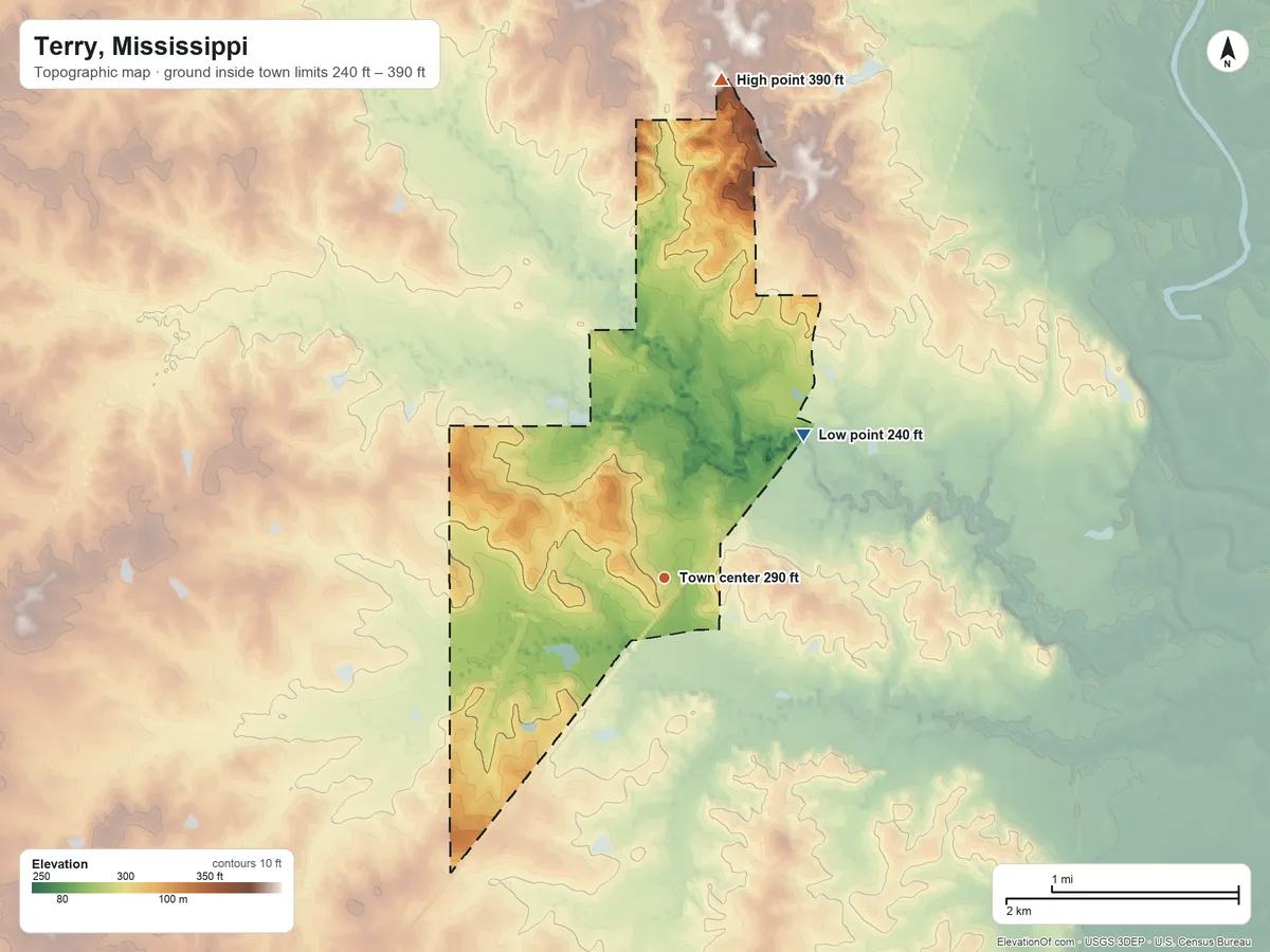 Topographic elevation map of Terry, Mississippi, shaded from 240 ft on the northeast side to 390 ft on the north side