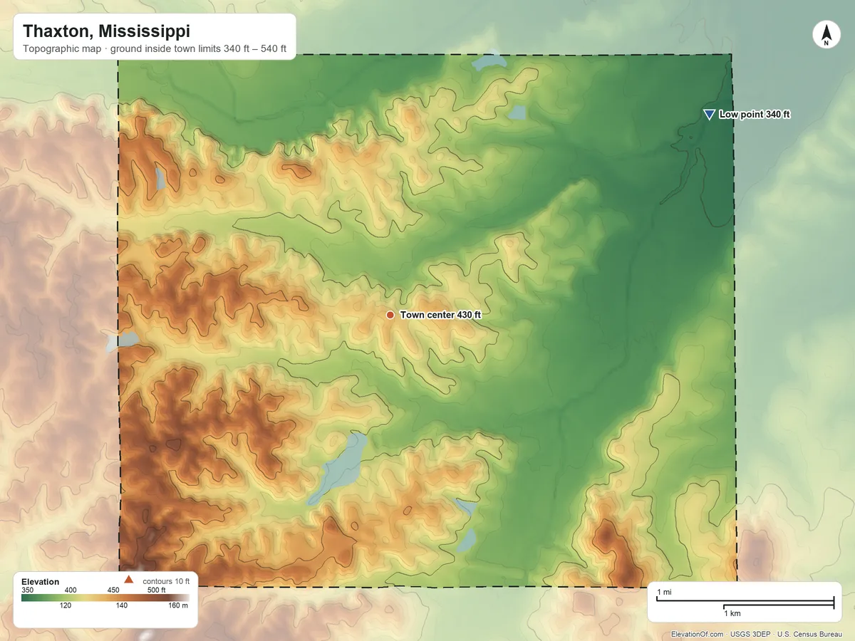 Topographic elevation map of Thaxton, Mississippi, shaded from 340 ft on the northeast side to 540 ft on the southwest side