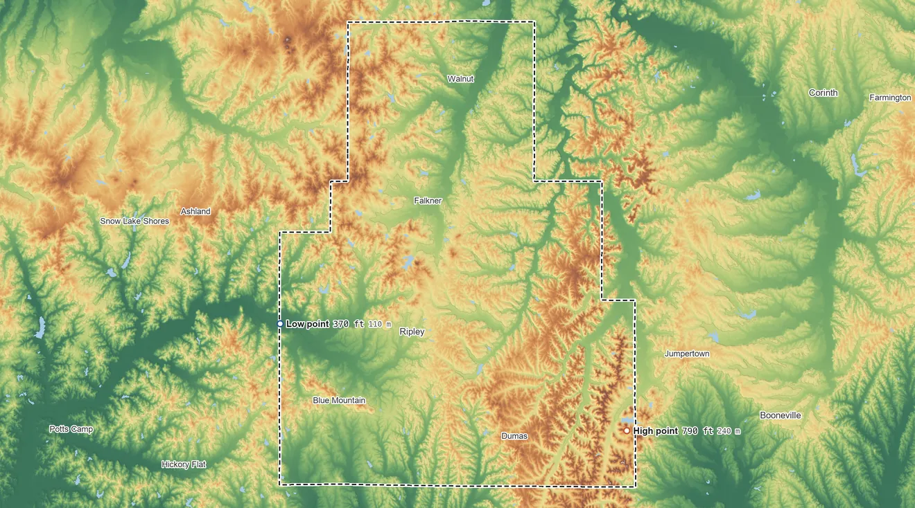 Topographic elevation map of Tippah County, Mississippi, shaded from 370 ft on the west side to 790 ft on the southeast side