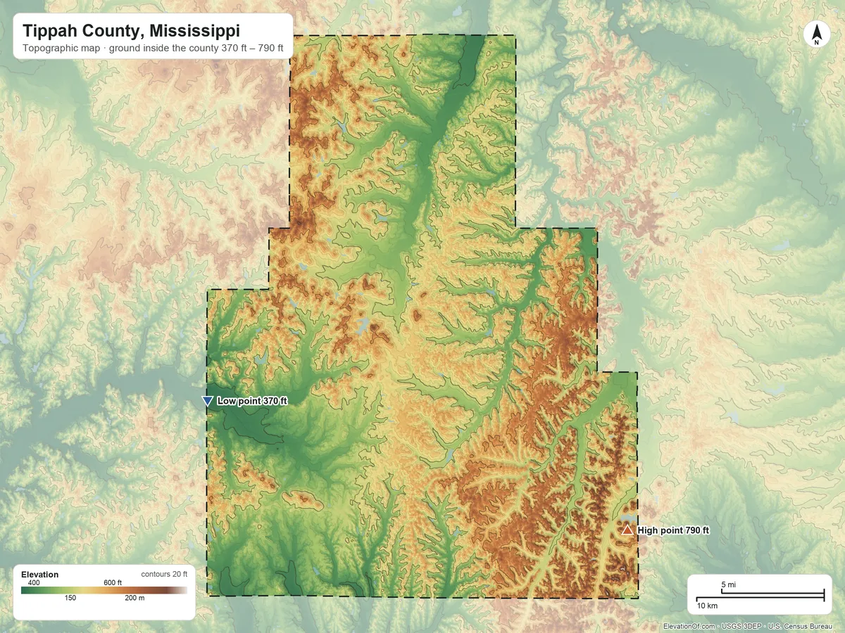 Topographic elevation map of Tippah County, Mississippi, shaded from 370 ft on the west side to 790 ft on the southeast side