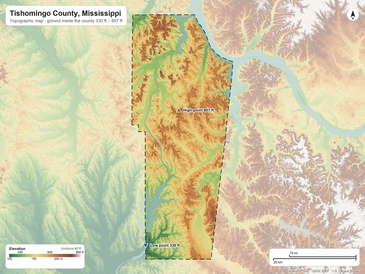 Topographic elevation map of Tishomingo County, Mississippi, shaded from 330 ft on the south side to 807 ft on Woodall Mountain