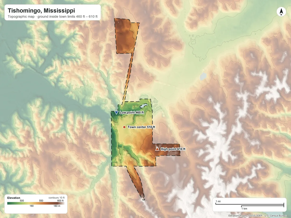 Topographic elevation map of Tishomingo, Mississippi, shaded from 460 ft near the middle to 610 ft on the southeast side