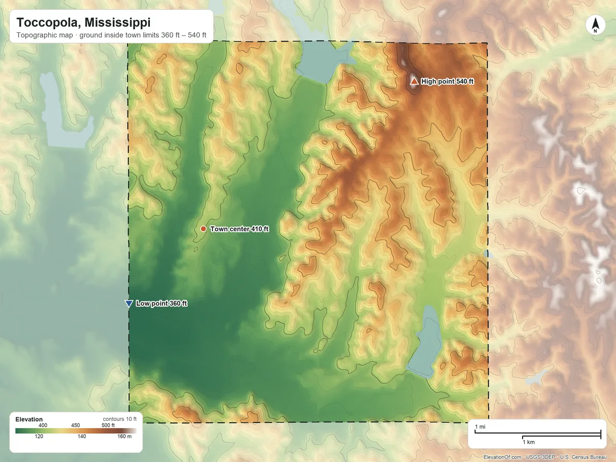 Topographic elevation map of Toccopola, Mississippi, shaded from 360 ft on the southwest side to 540 ft on the northeast side