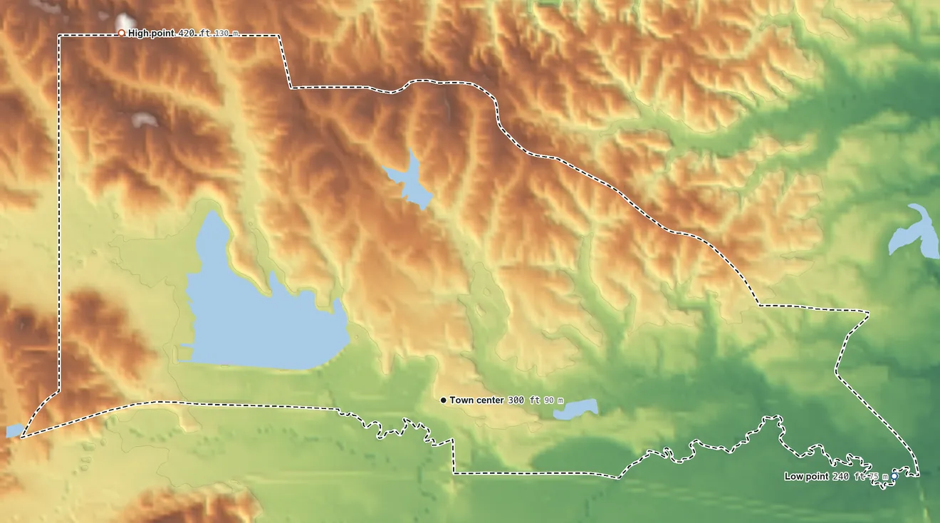 Topographic elevation map of Toomsuba, Mississippi, shaded from 240 ft on the east side to 420 ft on the northwest side