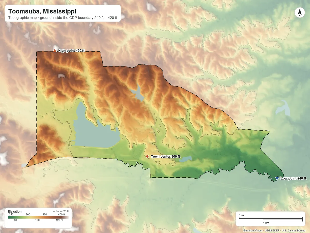 Topographic elevation map of Toomsuba, Mississippi, shaded from 240 ft on the east side to 420 ft on the northwest side
