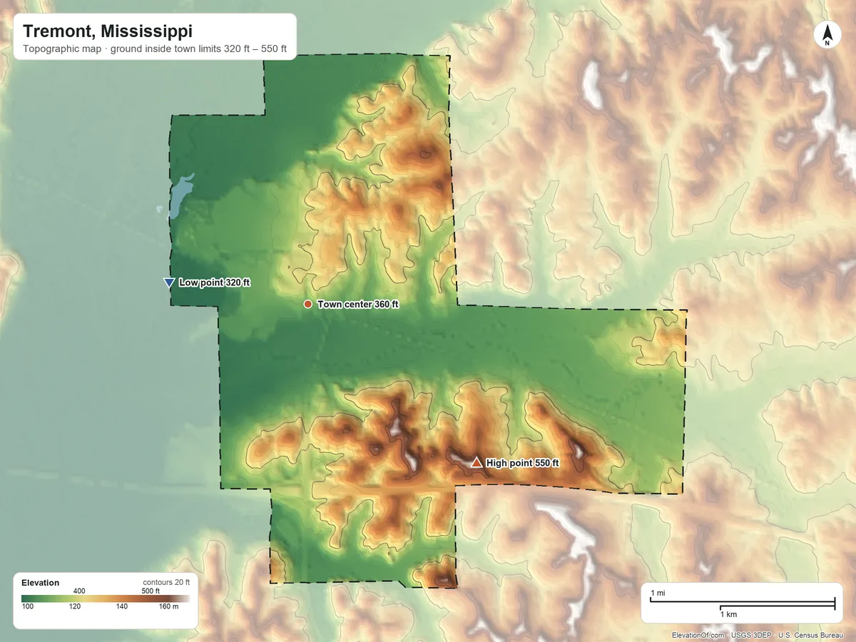 Topographic elevation map of Tremont, Mississippi, shaded from 320 ft on the west side to 550 ft on the southeast side