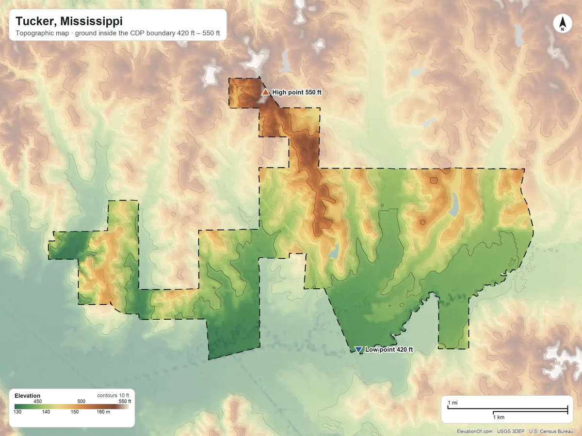 Topographic elevation map of Tucker, Mississippi, shaded from 420 ft on the southeast side to 550 ft on the north side