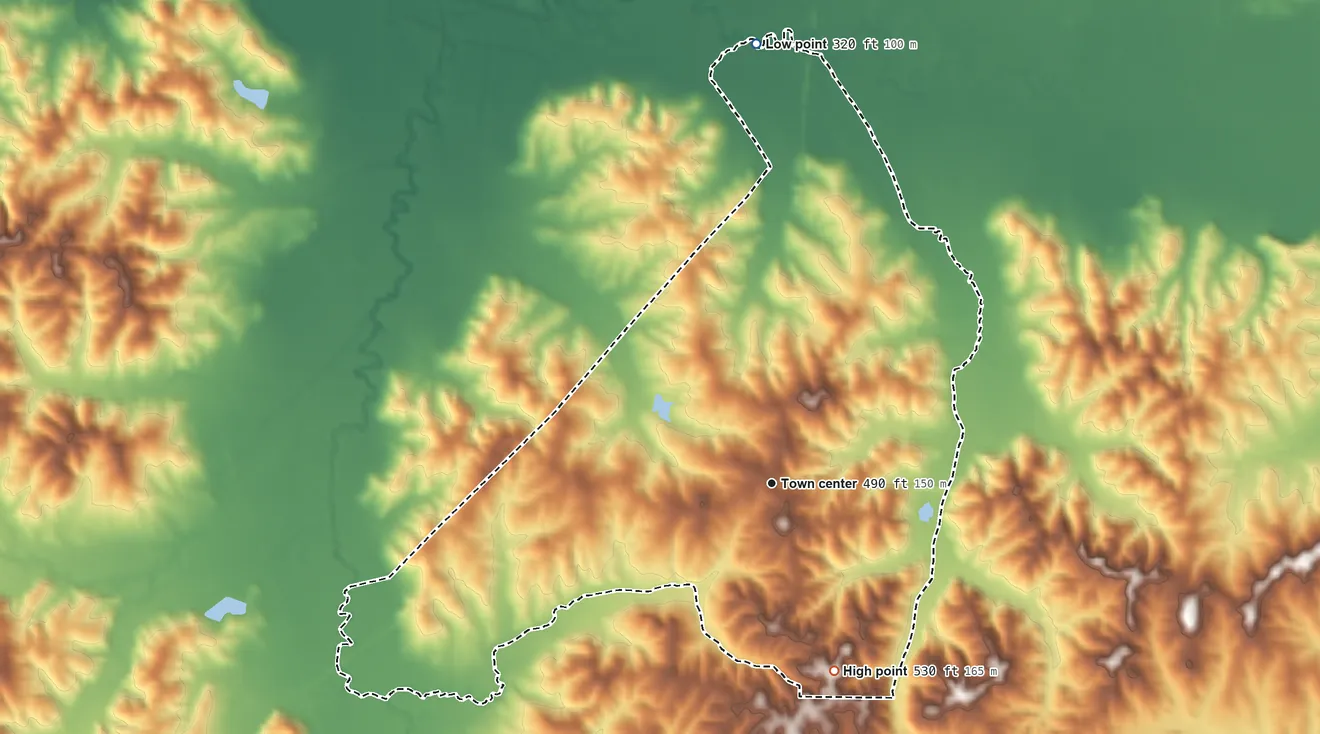 Topographic elevation map of Tula, Mississippi, shaded from 320 ft on the north side to 530 ft on the south side