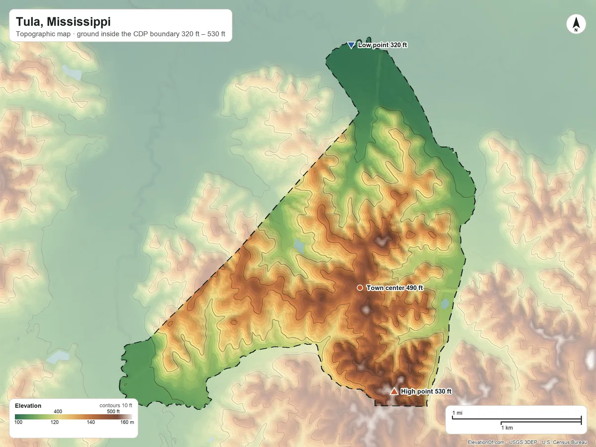 Topographic elevation map of Tula, Mississippi, shaded from 320 ft on the north side to 530 ft on the south side