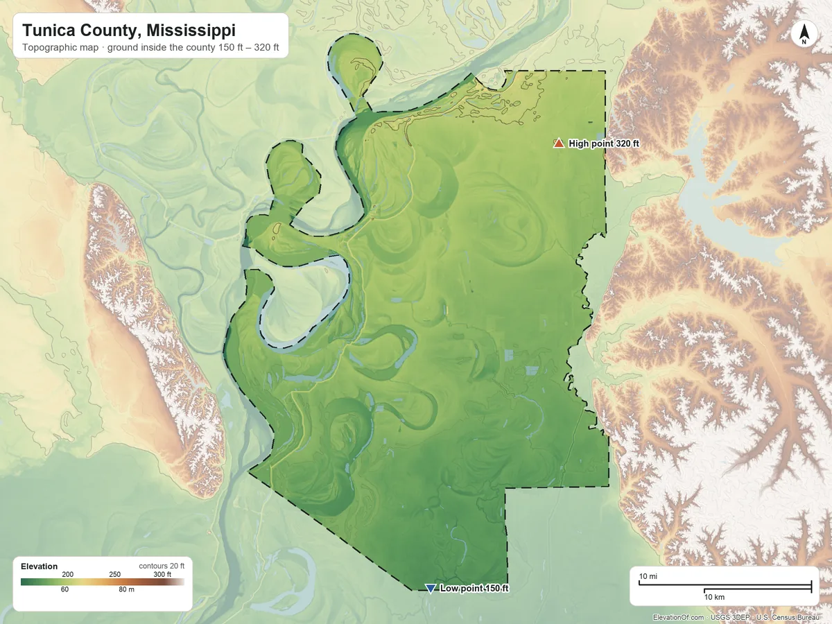 Topographic elevation map of Tunica County, Mississippi, shaded from 150 ft on the south side to 320 ft on the northeast side