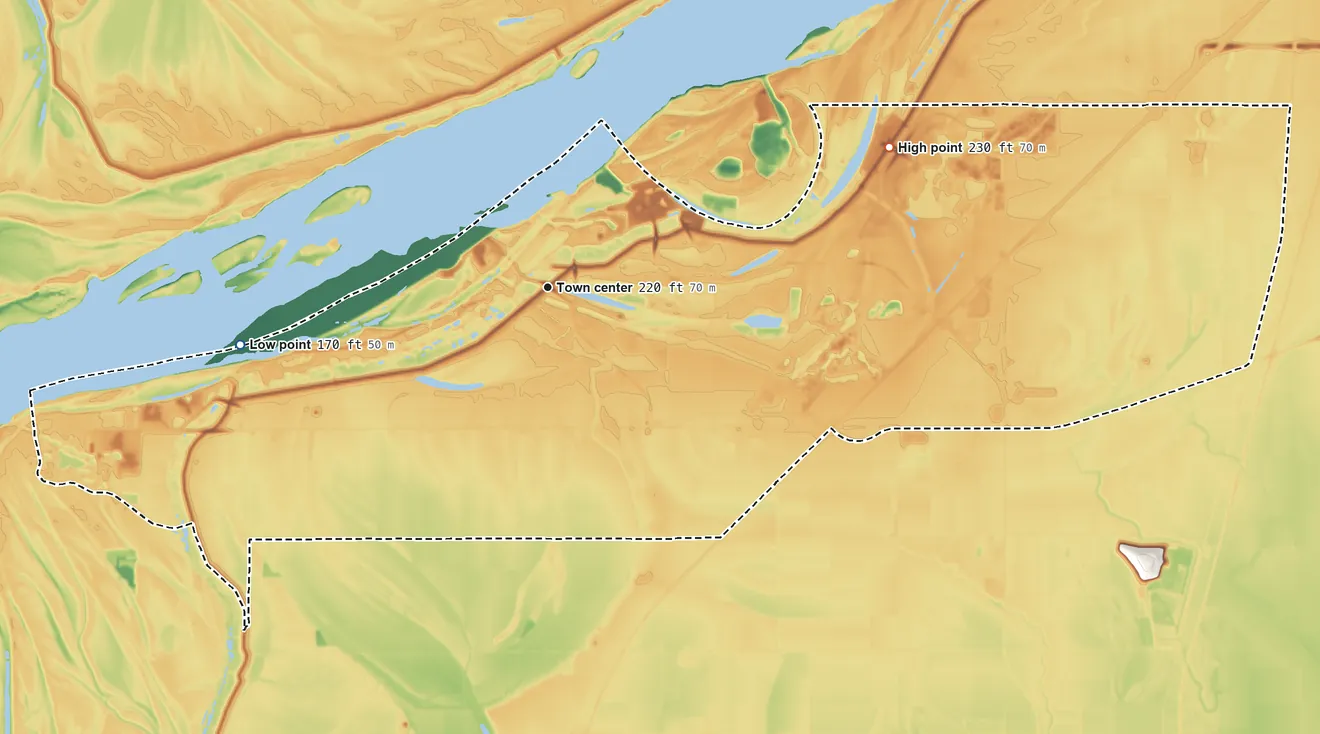 Topographic elevation map of Tunica Resorts, Mississippi, shaded from 170 ft on the west side to 230 ft on the east side
