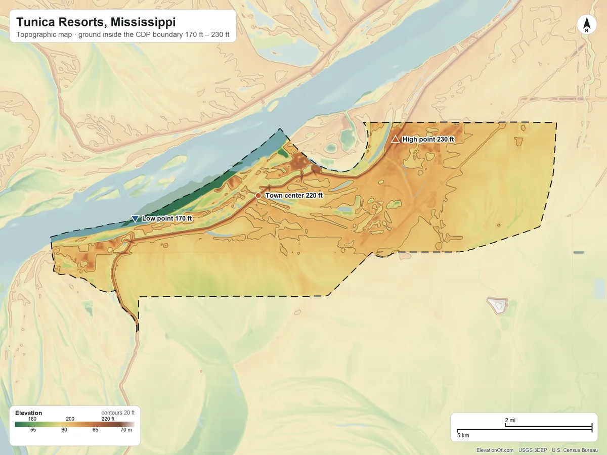 Topographic elevation map of Tunica Resorts, Mississippi, shaded from 170 ft on the west side to 230 ft on the east side