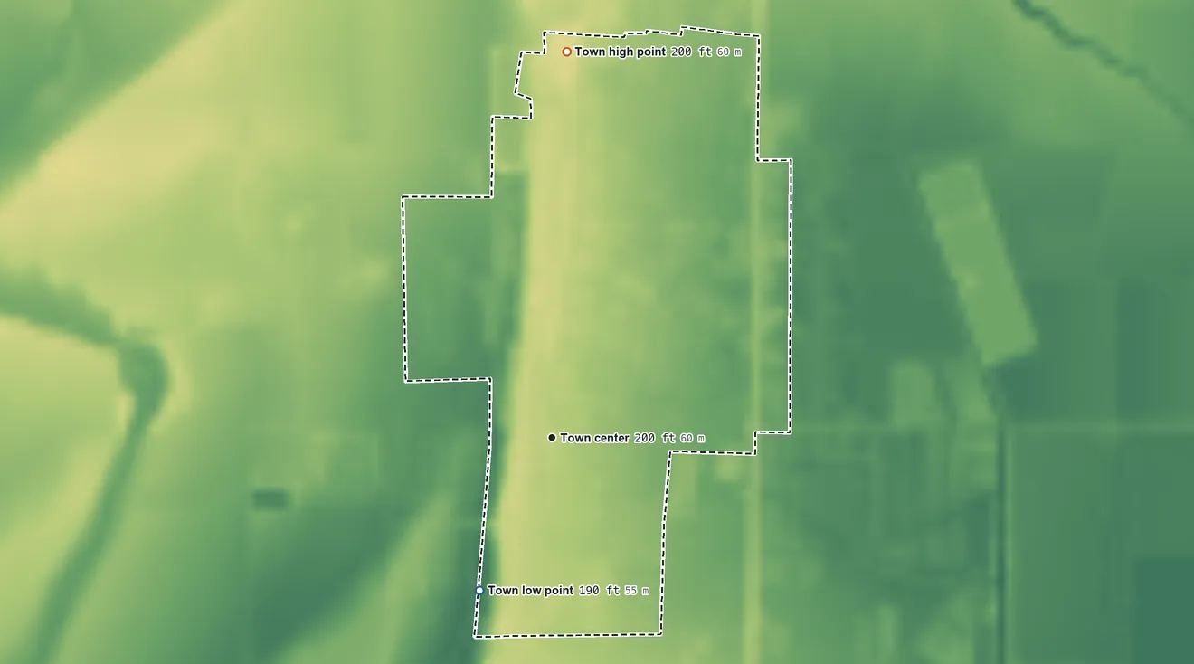 Topographic elevation map of Tunica, Mississippi, shaded from 190 ft on the southwest side to 200 ft on the north side
