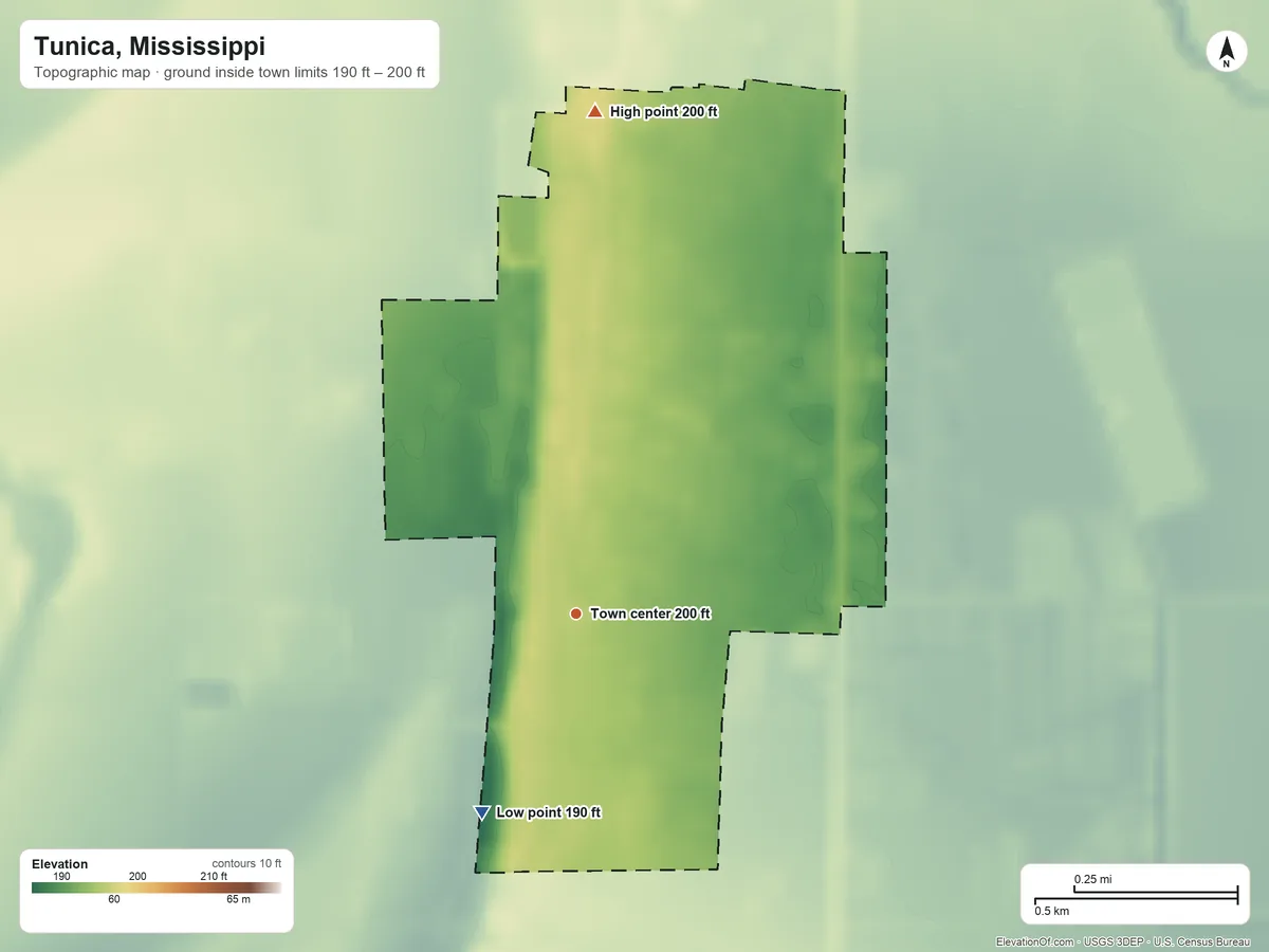 Topographic elevation map of Tunica, Mississippi, shaded from 190 ft on the southwest side to 200 ft on the north side