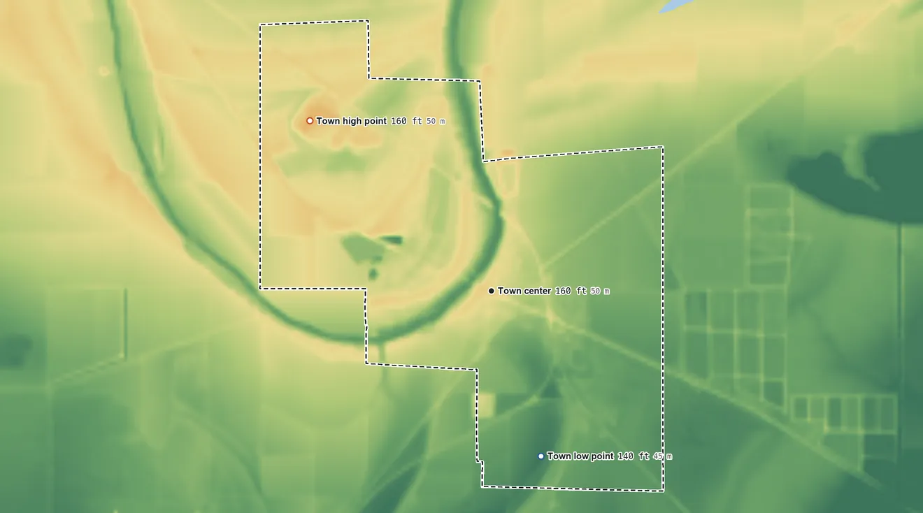Topographic elevation map of Tutwiler, Mississippi, shaded from 140 ft on the south side to 160 ft on the northwest side