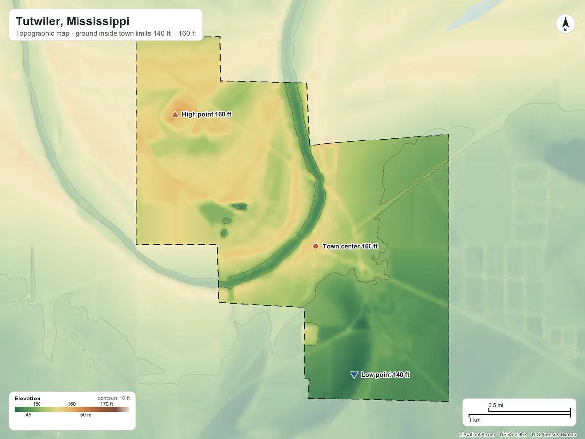 Topographic elevation map of Tutwiler, Mississippi, shaded from 140 ft on the south side to 160 ft on the northwest side
