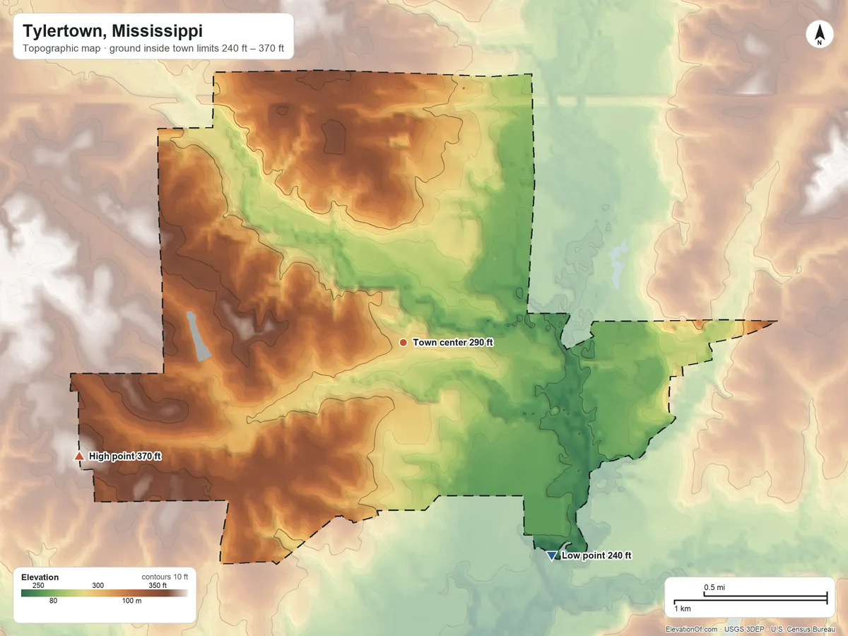 Topographic elevation map of Tylertown, Mississippi, shaded from 240 ft on the southeast side to 370 ft on the west side