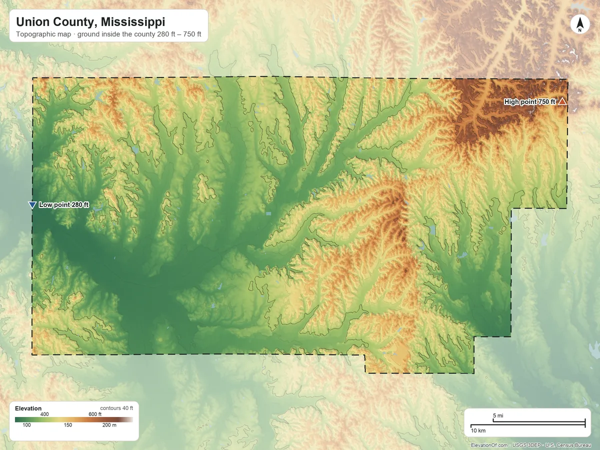 Topographic elevation map of Union County, Mississippi, shaded from 280 ft on the west side to 750 ft on the northeast side
