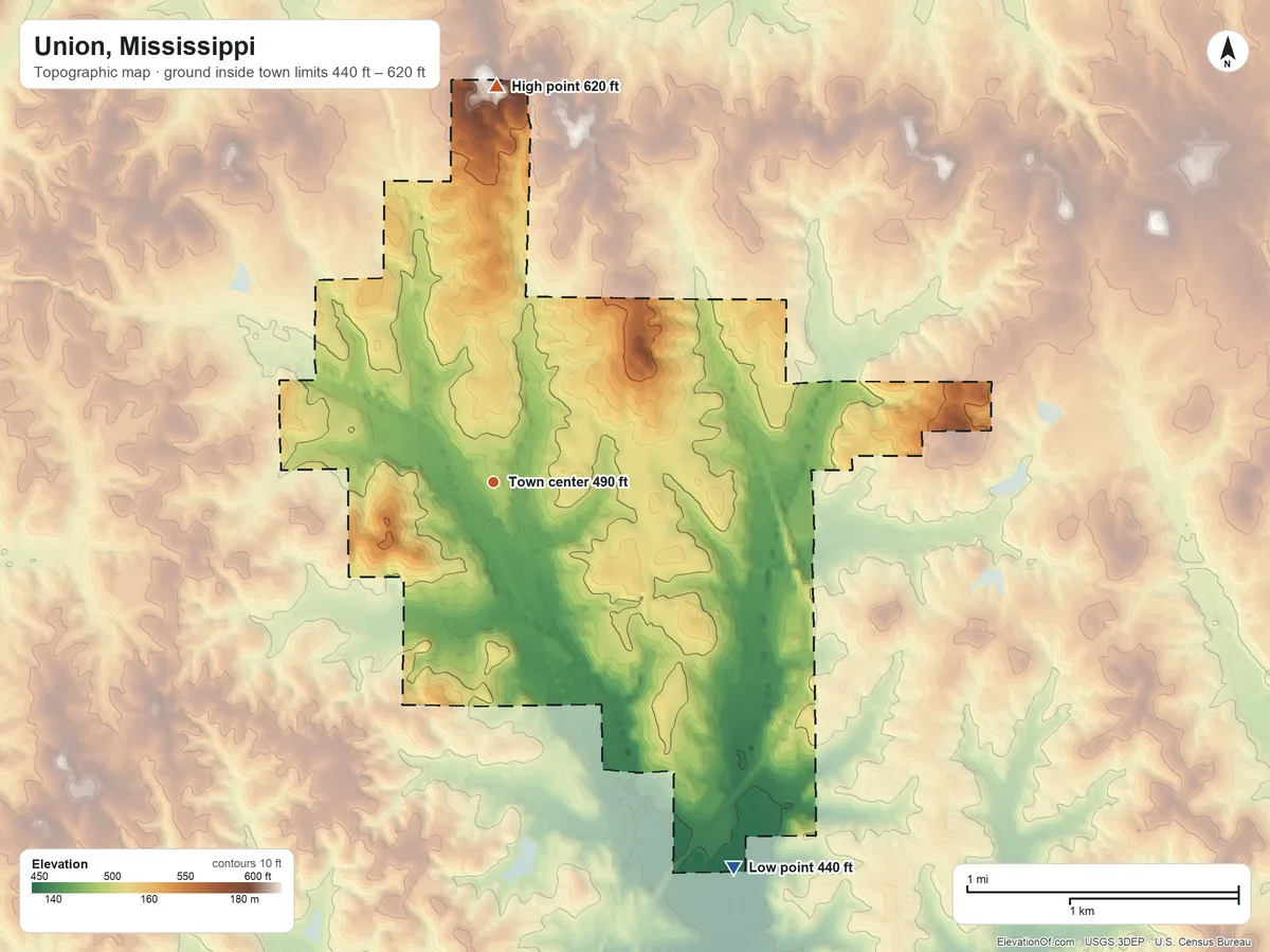 Topographic elevation map of Union, Mississippi, shaded from 440 ft on the southeast side to 620 ft on the north side
