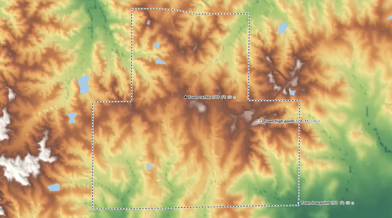 Topographic elevation map of Utica, Mississippi, shaded from 200 ft on the southeast side to 320 ft on the east side