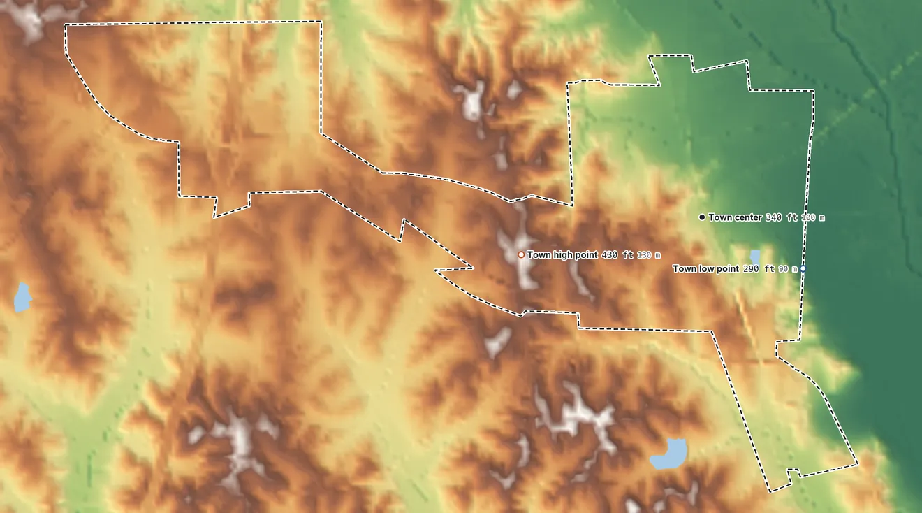 Topographic elevation map of Vaiden, Mississippi, shaded from 290 ft on the southeast side to 430 ft on the west side