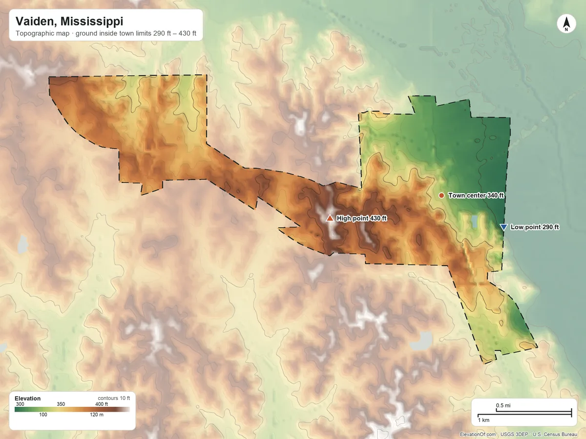 Topographic elevation map of Vaiden, Mississippi, shaded from 290 ft on the southeast side to 430 ft on the west side