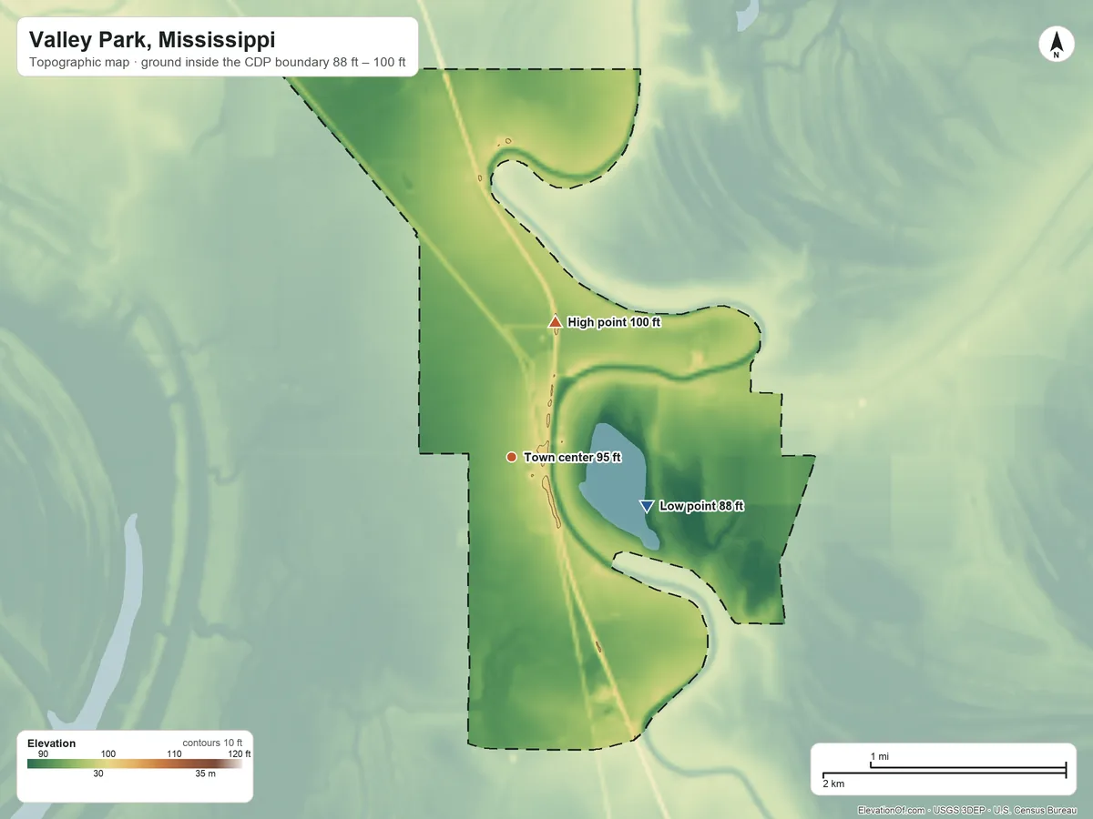 Topographic elevation map of Valley Park, Mississippi, shaded from 88 ft on the east side to 100 ft on the north side