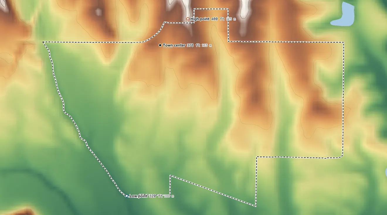 Topographic elevation map of Van Vleet, Mississippi, shaded from 320 ft on the south side to 400 ft on the northeast side