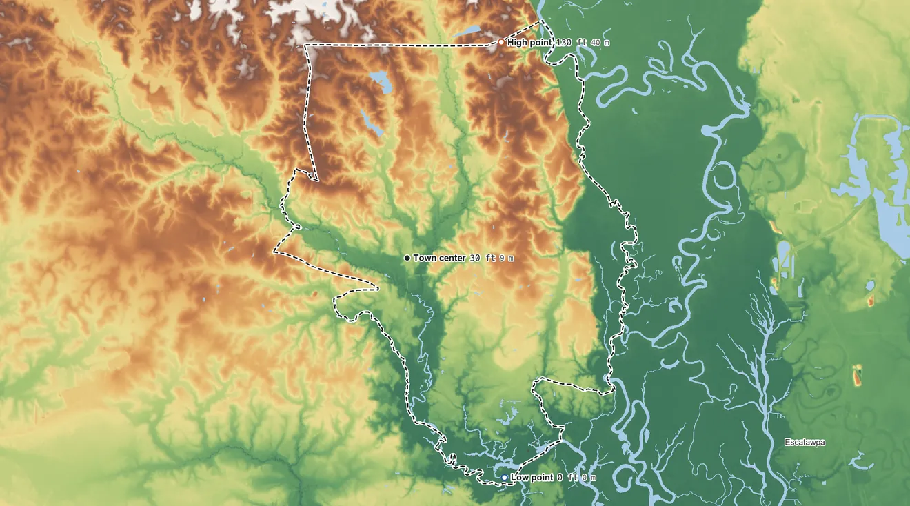 Topographic elevation map of Vancleave, Mississippi, shaded from 0 ft on the southeast side to 130 ft on the northeast side
