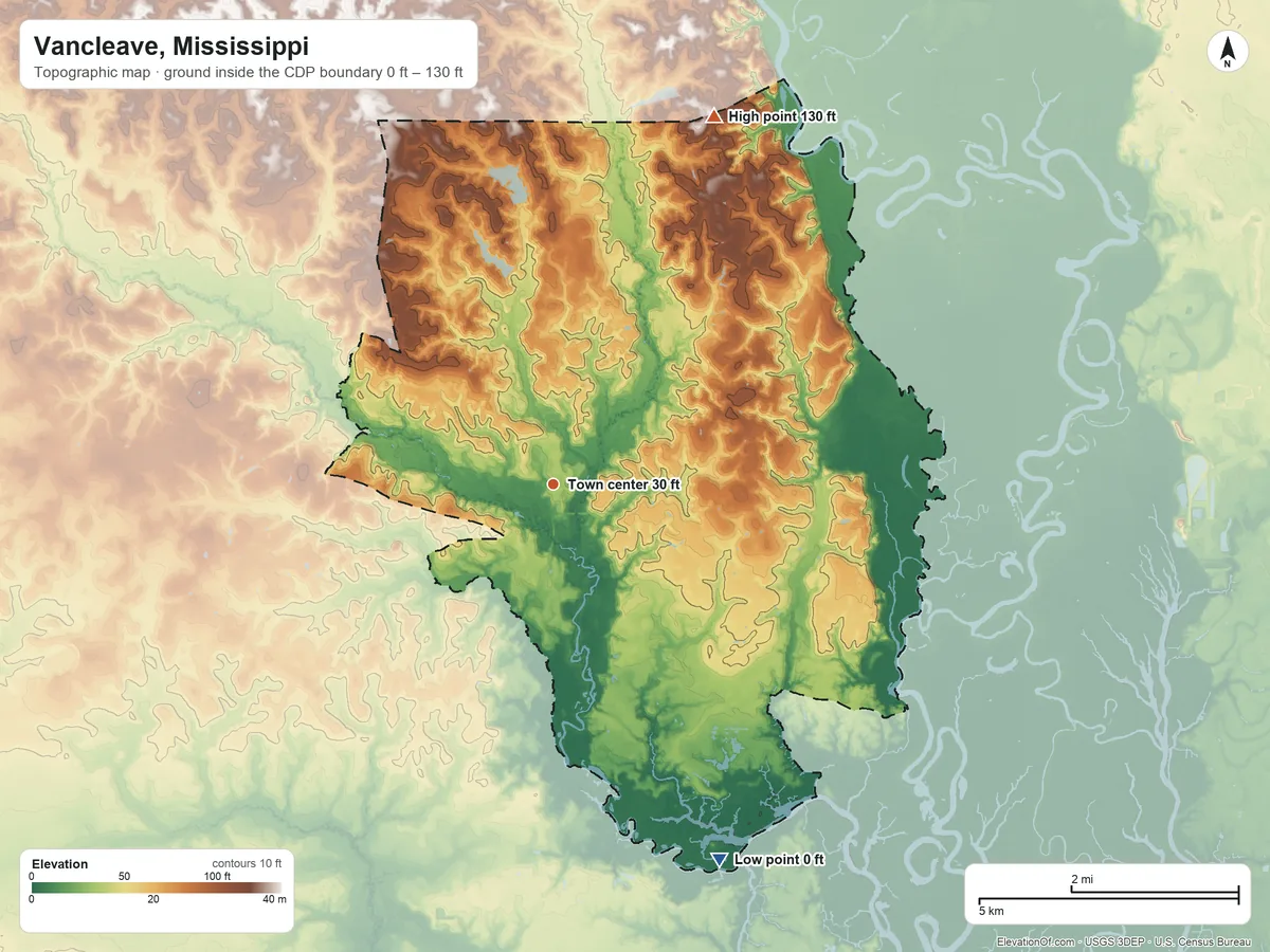 Topographic elevation map of Vancleave, Mississippi, shaded from 0 ft on the southeast side to 130 ft on the northeast side