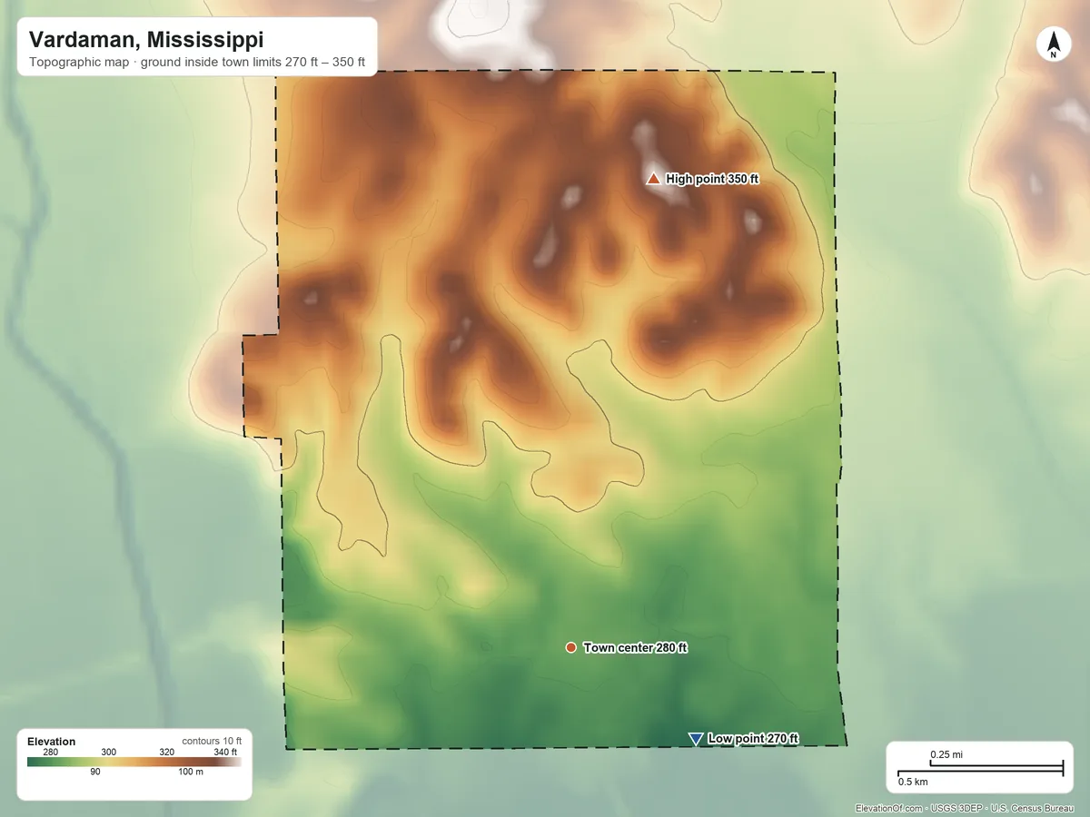 Topographic elevation map of Vardaman, Mississippi, shaded from 270 ft on the southeast side to 350 ft on the north side