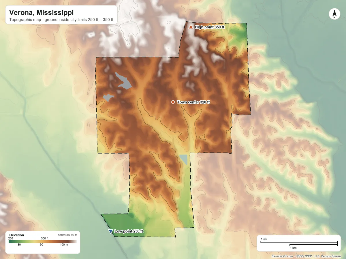 Topographic elevation map of Verona, Mississippi, shaded from 250 ft on the southwest side to 350 ft on the north side