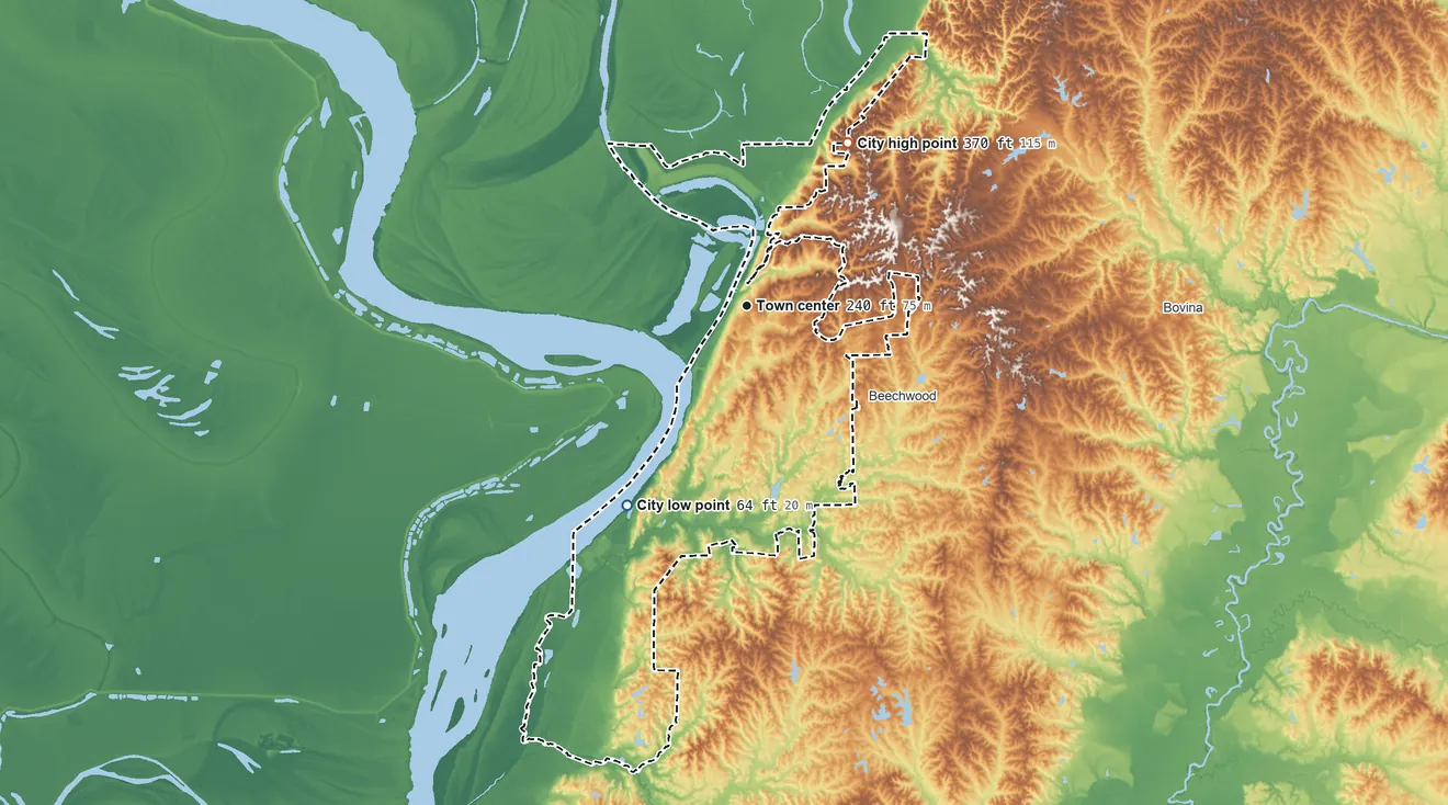 Topographic elevation map of Vicksburg, Mississippi, shaded from 64 ft on the southwest side to 370 ft on the northeast side