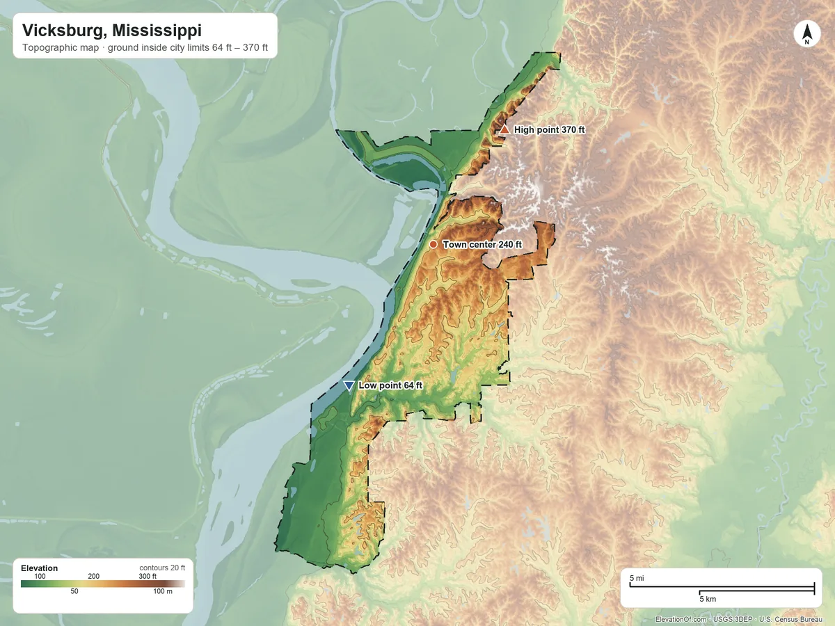 Topographic elevation map of Vicksburg, Mississippi, shaded from 64 ft on the southwest side to 370 ft on the northeast side