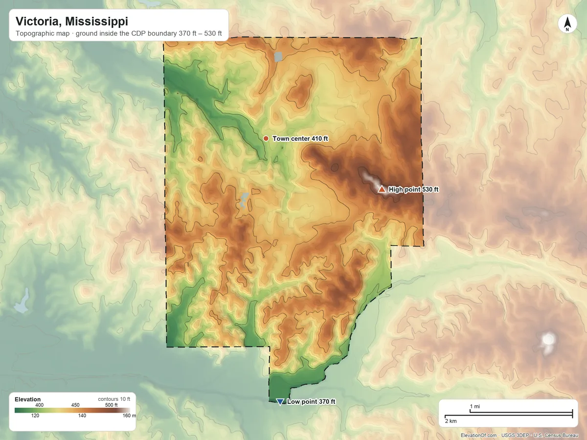 Topographic elevation map of Victoria, Mississippi, shaded from 370 ft on the south side to 530 ft on the southeast side