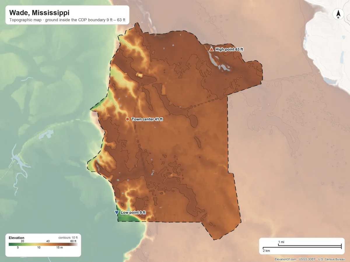Topographic elevation map of Wade, Mississippi, shaded from 9 ft on the south side to 63 ft on the northeast side