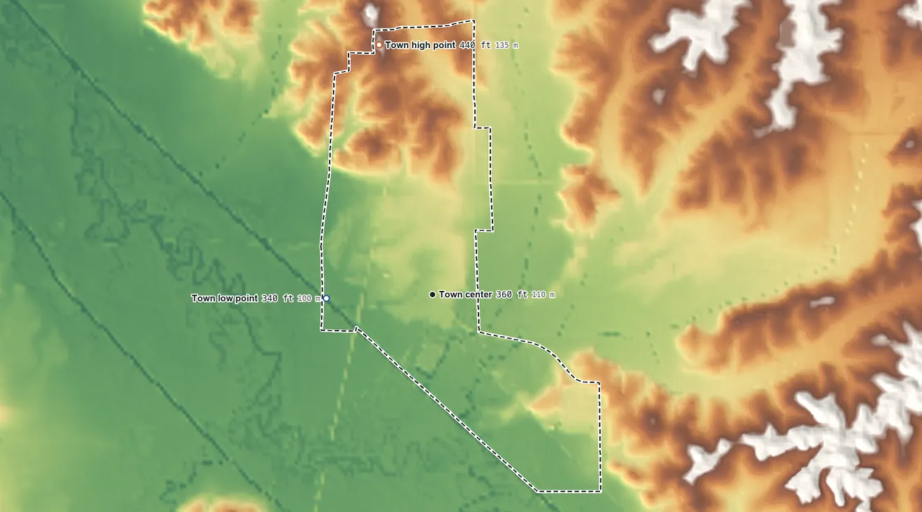 Topographic elevation map of Walnut Grove, Mississippi, shaded from 340 ft on the west side to 440 ft on the north side