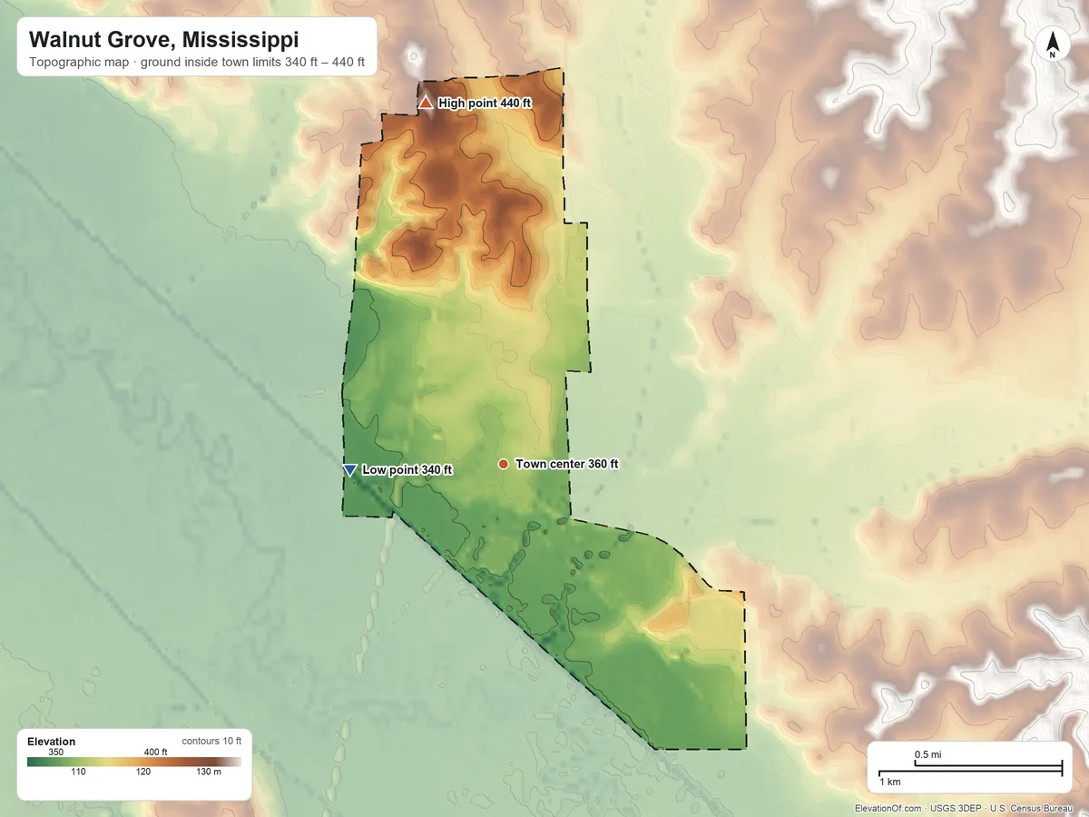 Topographic elevation map of Walnut Grove, Mississippi, shaded from 340 ft on the west side to 440 ft on the north side