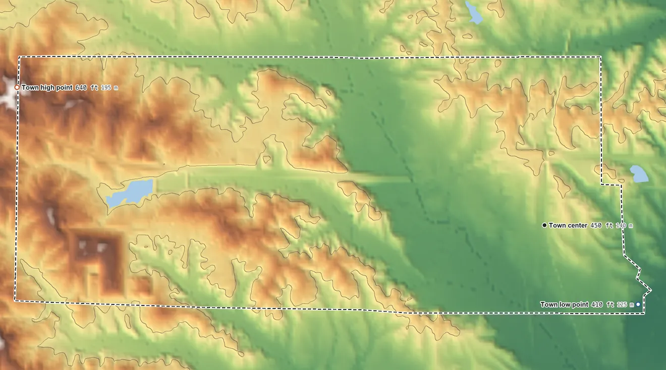 Topographic elevation map of Walnut, Mississippi, shaded from 410 ft on the southeast side to 640 ft on the west side
