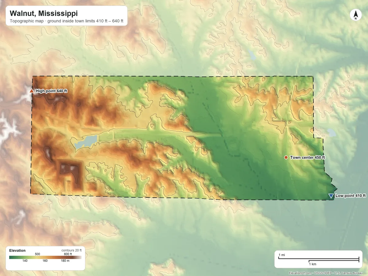 Topographic elevation map of Walnut, Mississippi, shaded from 410 ft on the southeast side to 640 ft on the west side