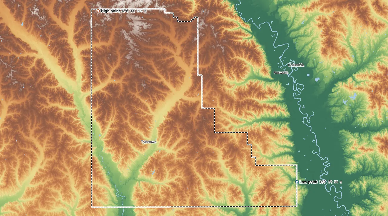 Topographic elevation map of Walthall County, Mississippi, shaded from 160 ft on the southeast side to 470 ft on the northwest side
