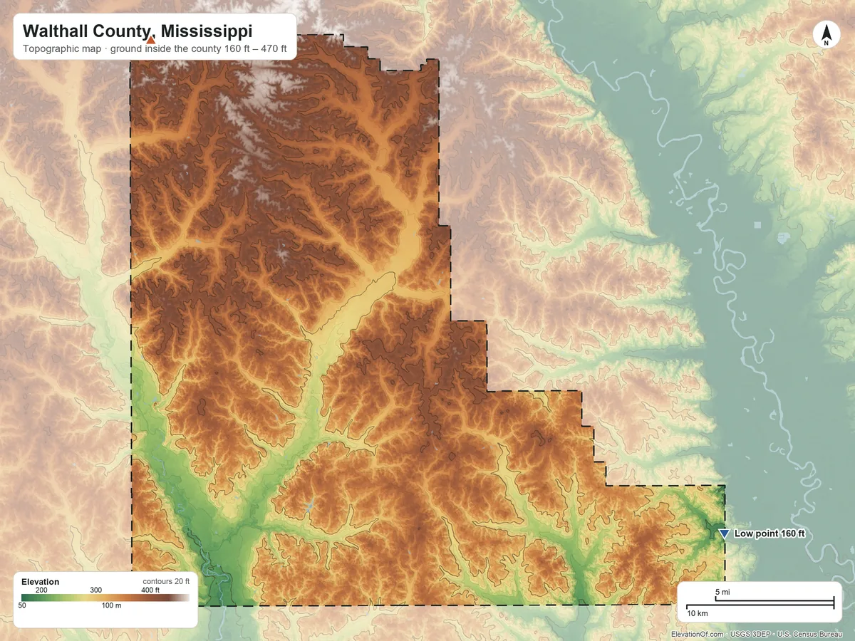 Topographic elevation map of Walthall County, Mississippi, shaded from 160 ft on the southeast side to 470 ft on the northwest side
