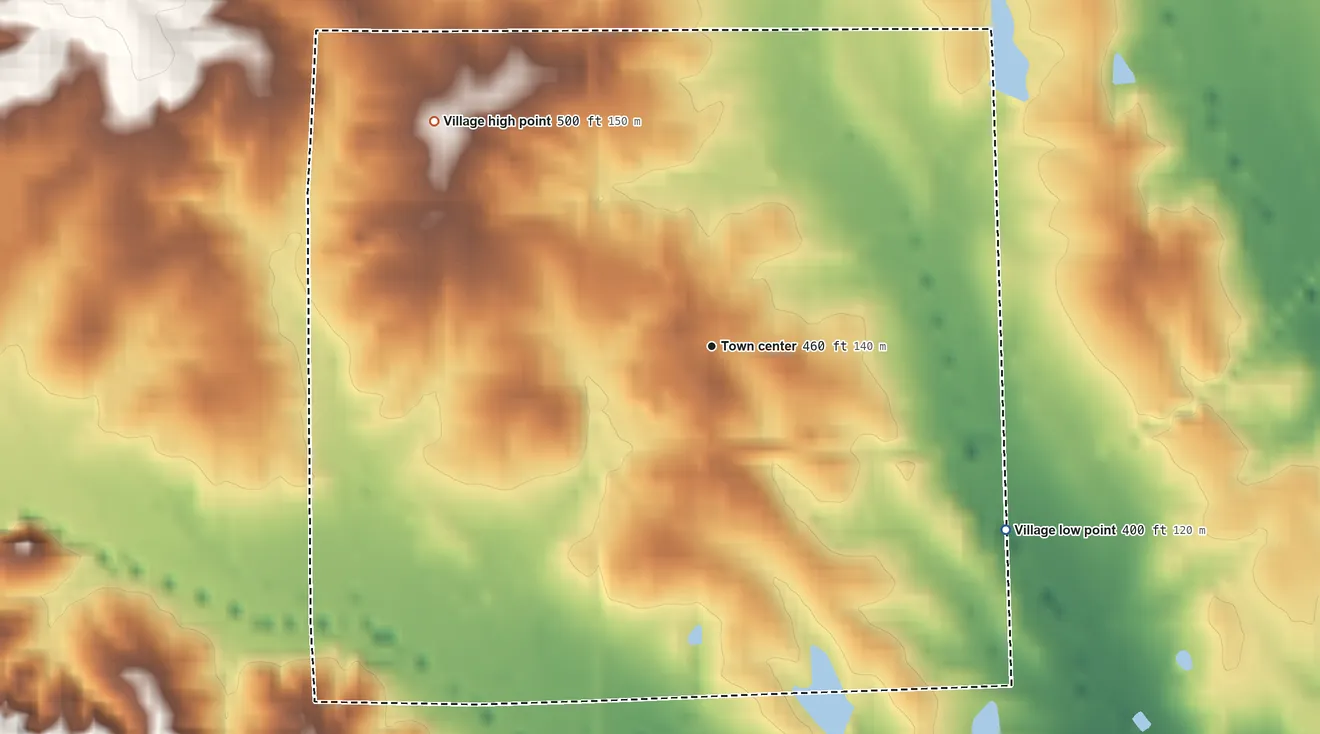 Topographic elevation map of Walthall, Mississippi, shaded from 400 ft on the southeast side to 500 ft on the northwest side
