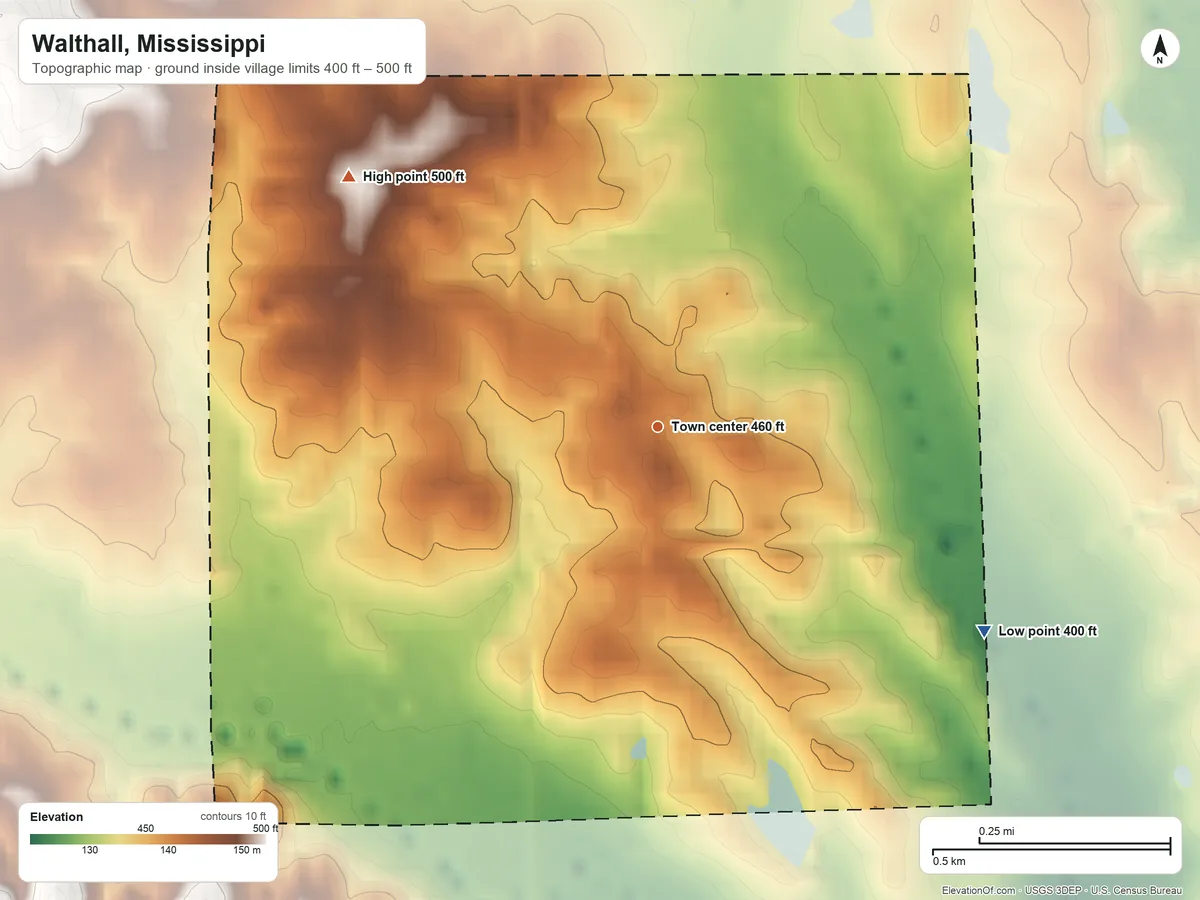 Topographic elevation map of Walthall, Mississippi, shaded from 400 ft on the southeast side to 500 ft on the northwest side