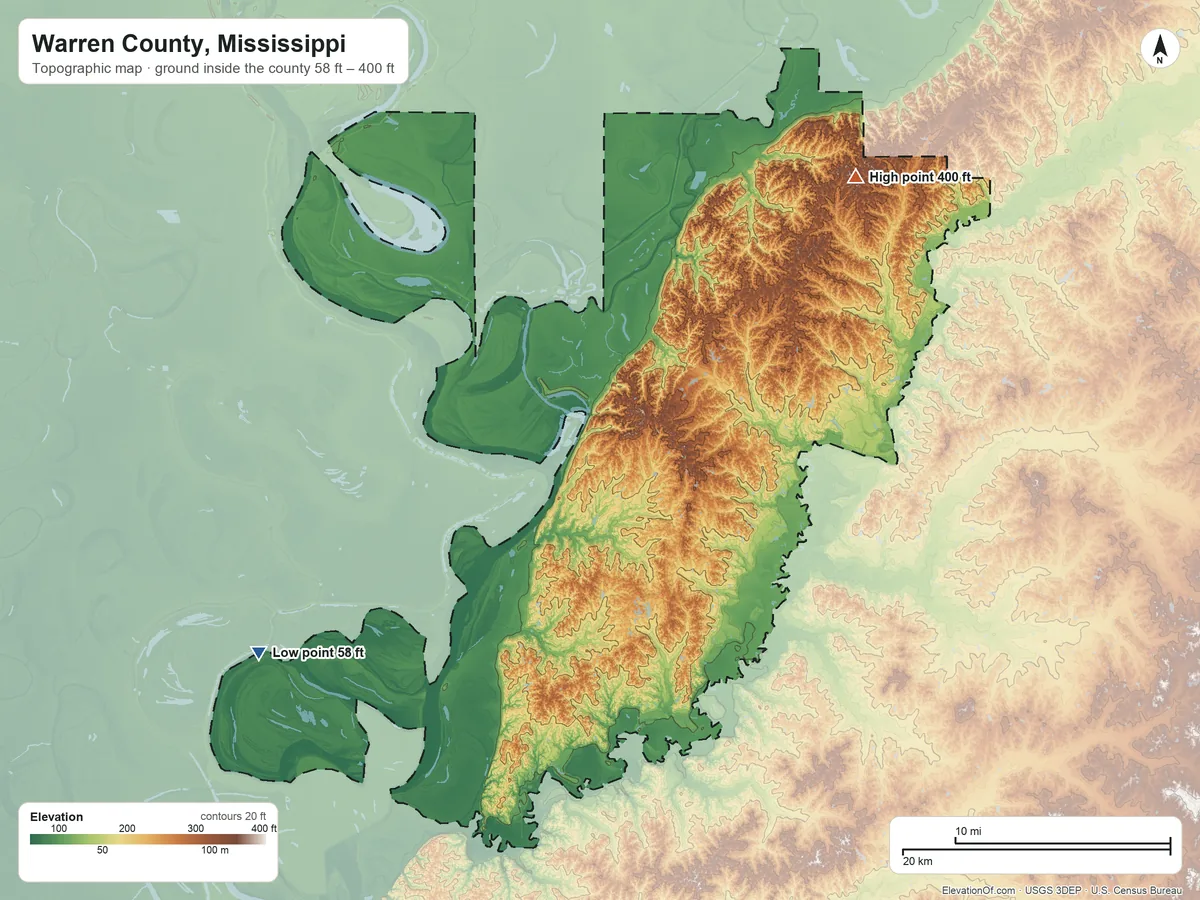 Topographic elevation map of Warren County, Mississippi, shaded from 58 ft on the southwest side to 400 ft on the northeast side
