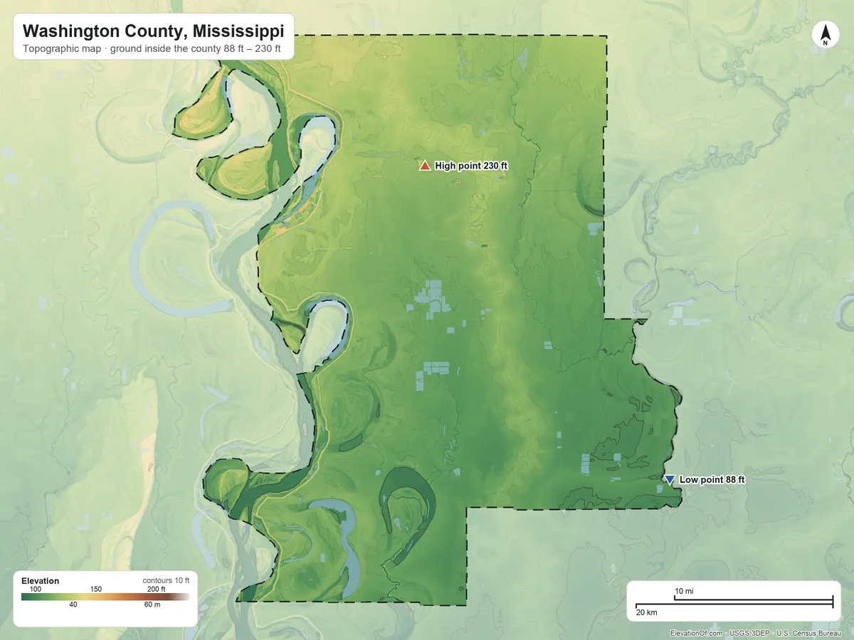 Topographic elevation map of Washington County, Mississippi, shaded from 88 ft on the southeast side to 230 ft on the north side