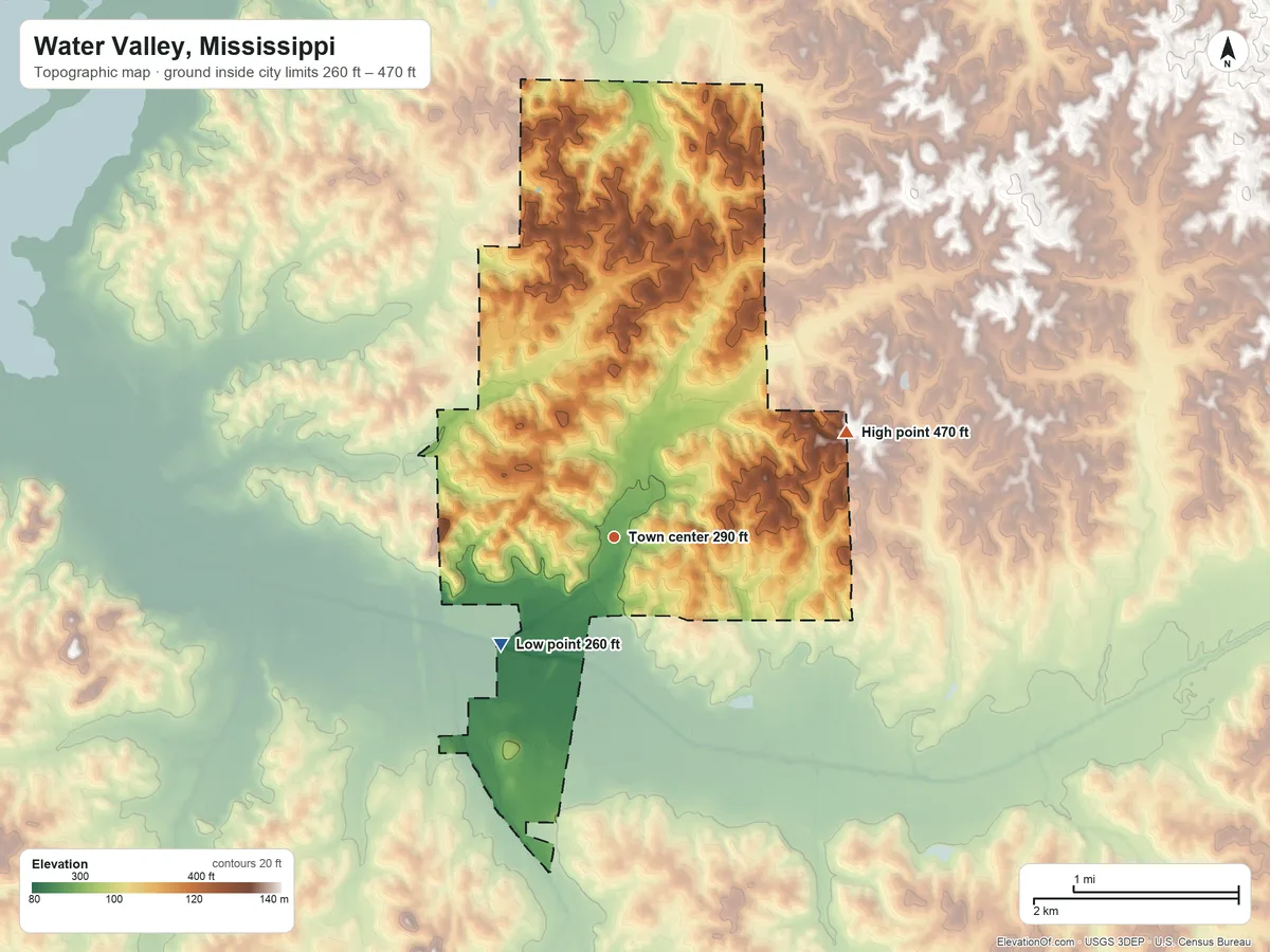 Topographic elevation map of Water Valley, Mississippi, shaded from 260 ft on the southwest side to 470 ft on the northeast side